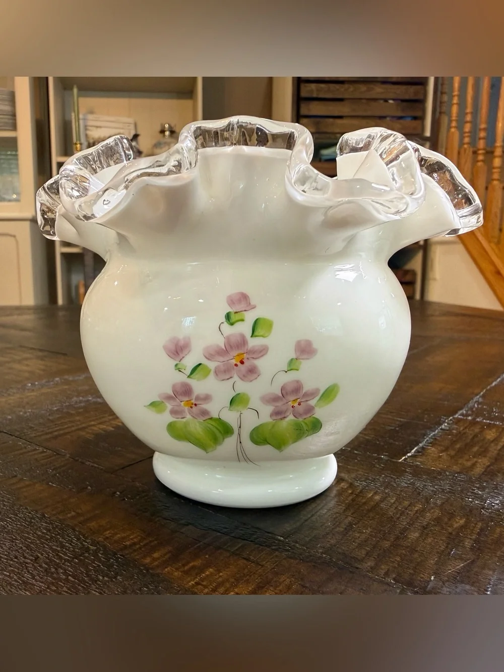 Fenton Debbie Owens Hand Painted Milk Glass Silver Crest Ruffled Vase 4”